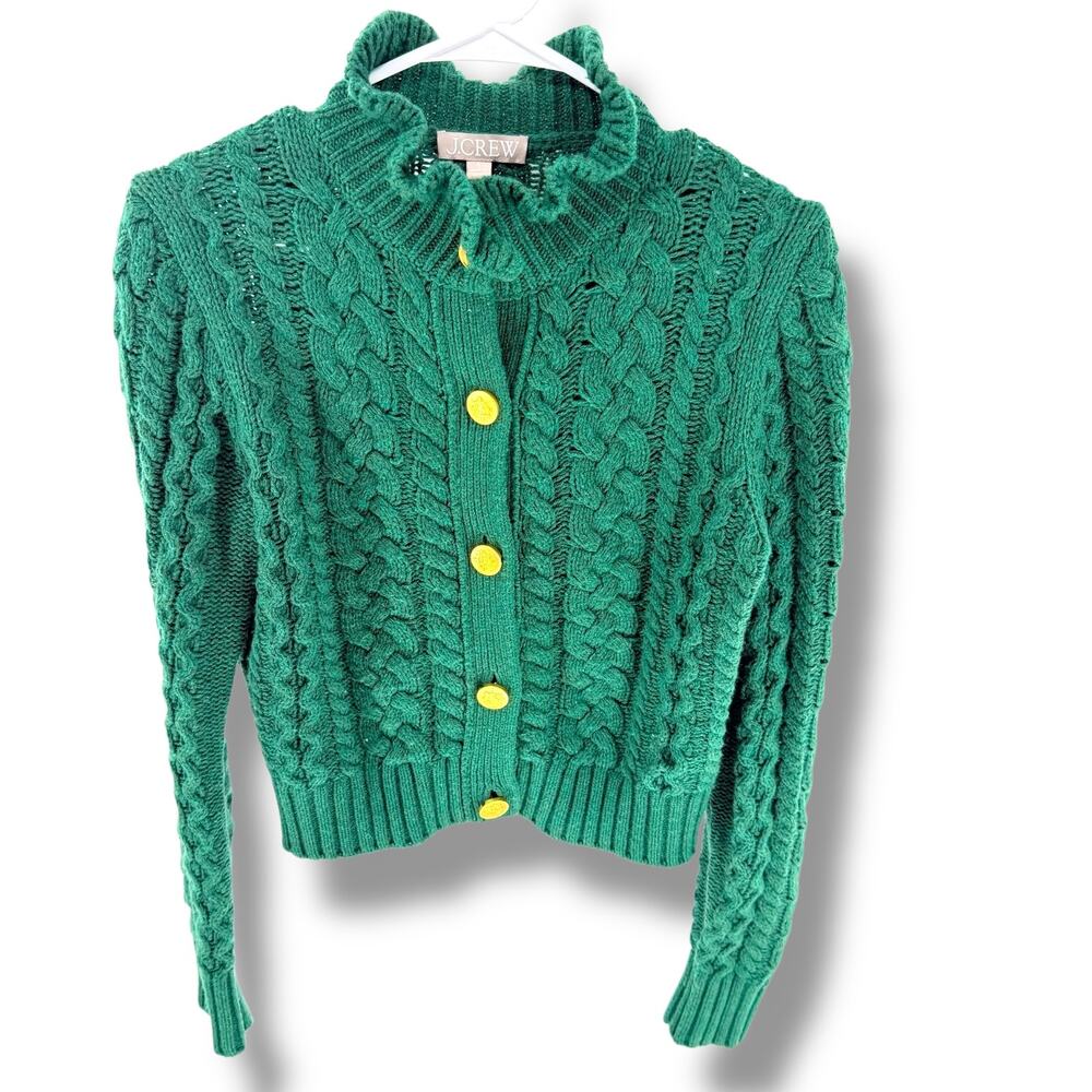 JCrew Cable Knit Cardigan Womens Small Green Gold Crest Buttons Dark Academia - Picture 7 of 14